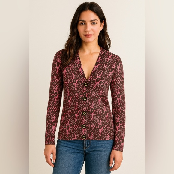 Tory Burch Merino Wool Cardigan Sweater, Pink and Brown Print, Logo Buttons, S - Picture 1 of 15